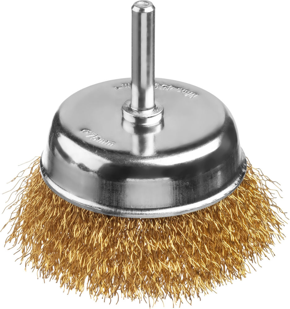 Щетка чашечная для дрели 75 мм, витая стальная латунированная проволока 0.3 мм MIRAX 35147-075