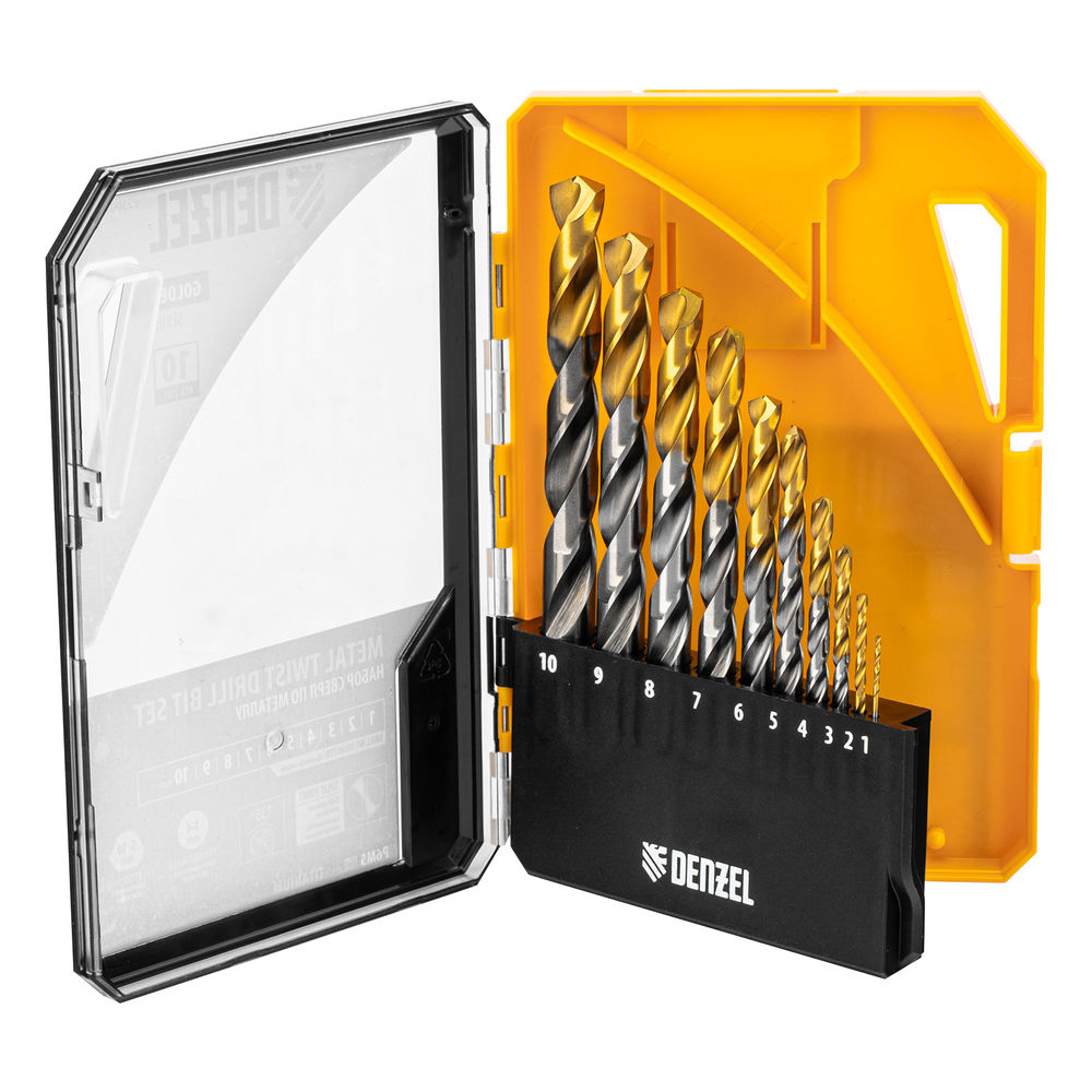 Набор сверл по металлу, 1-10 мм, Р6М5-TiN, Golden Tip, 10 шт Denzel (723001)
