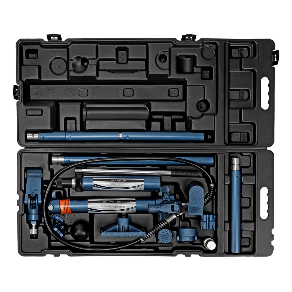 Растяжка гидравлическая, 10 т, набор из 17 предметов, 7 сменных насадок, в пластиковом кейсе на колесах Stels (51356)