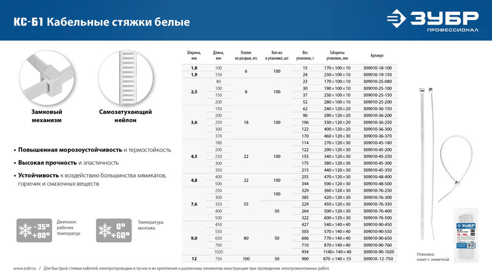 Кабельные стяжки КС-Б1, 7.6 x 250 мм, нейлон РА66, 100 шт, белые ЗУБР Профессионал 309010-76-250