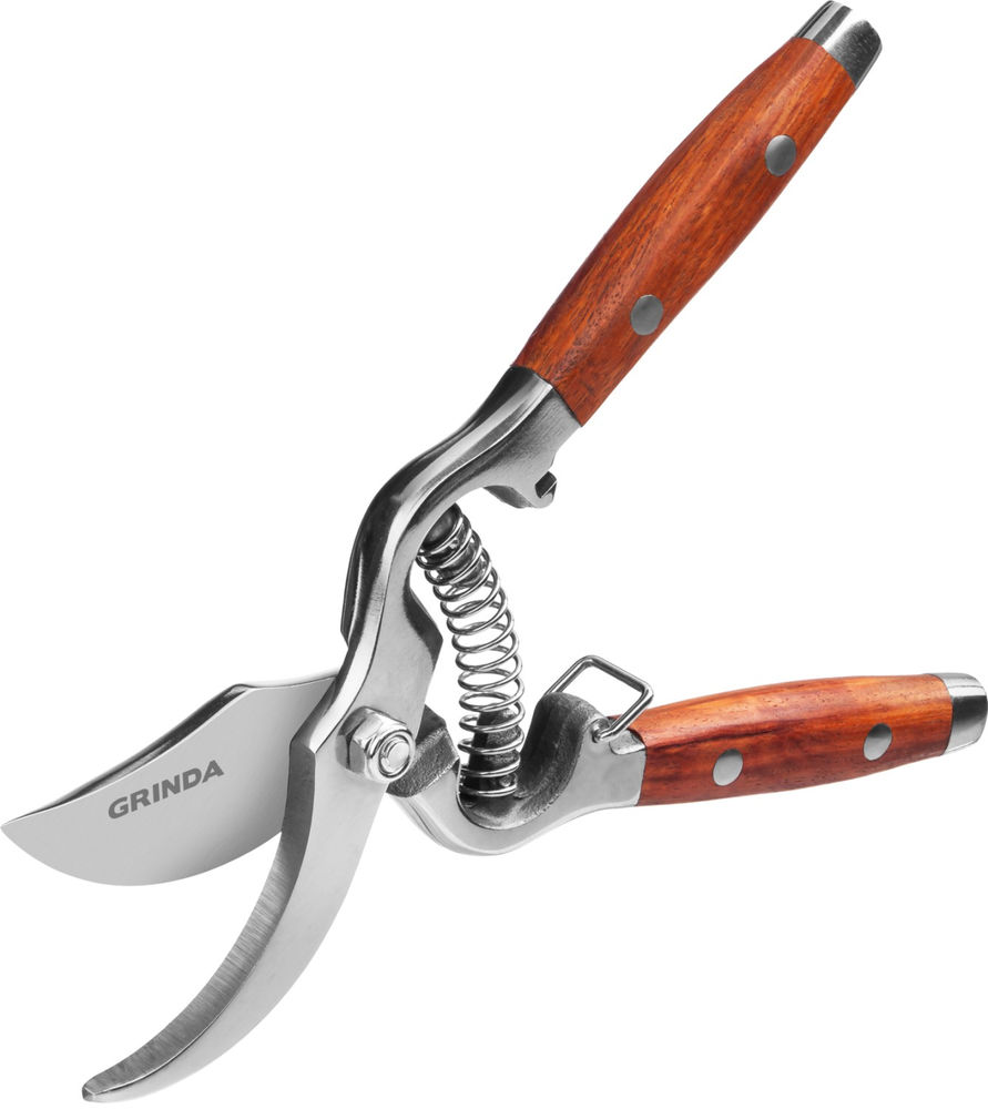 Плоскостной секатор P-15, 210 мм, нержавеющая сталь, с деревянными рукоятками, цельнокованый, PROLine GRINDA 423415