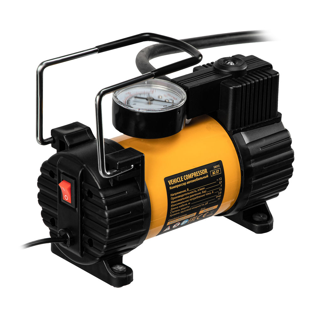 Компрессор автомобильный AC-37, 12 В, 7 атм, 37 л/мин, автомобильный предохранитель Denzel (58055)