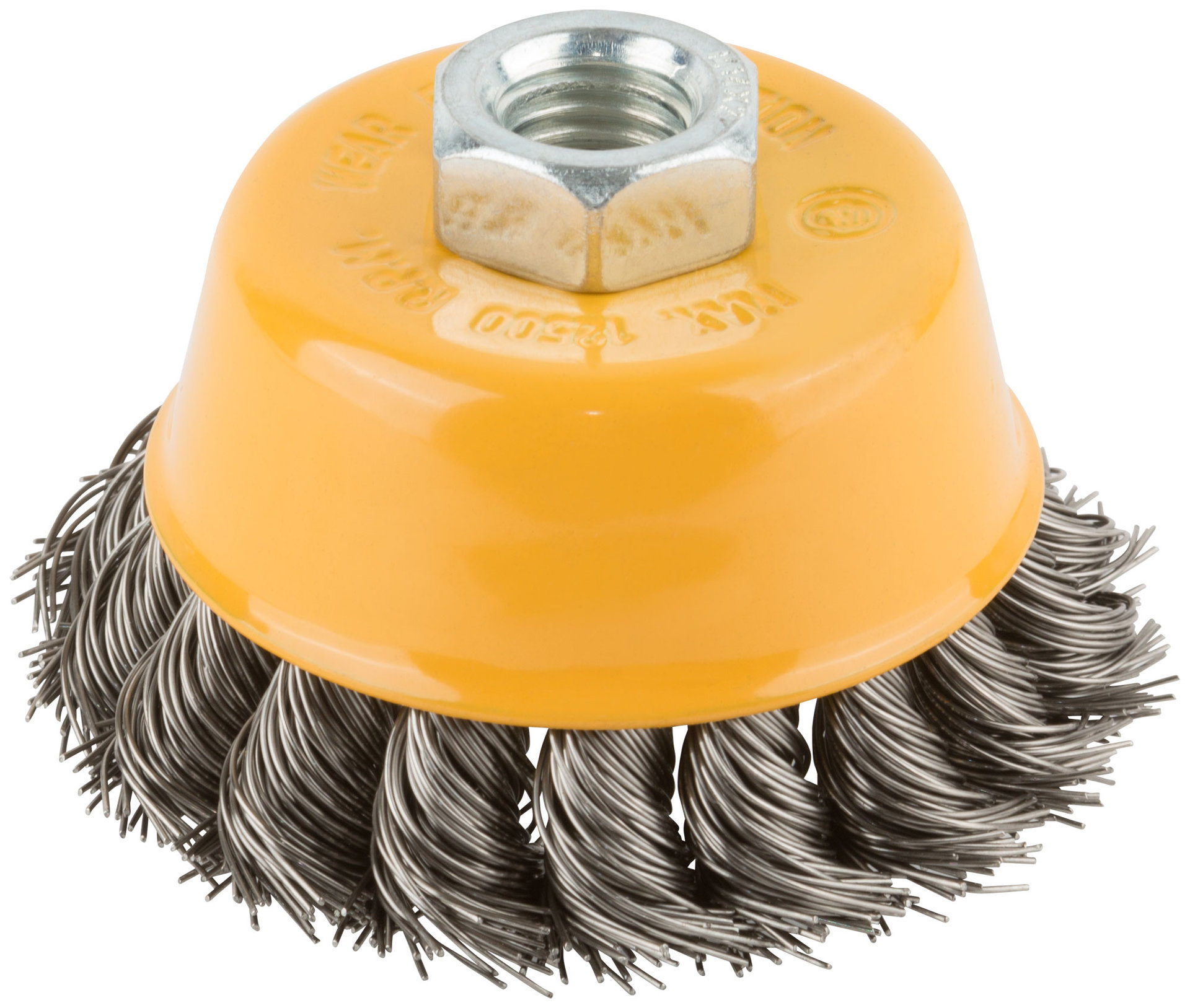 Корщетка-чашка, гайка М14, витая проволока, нержавеющая сталь 75 мм (38847)