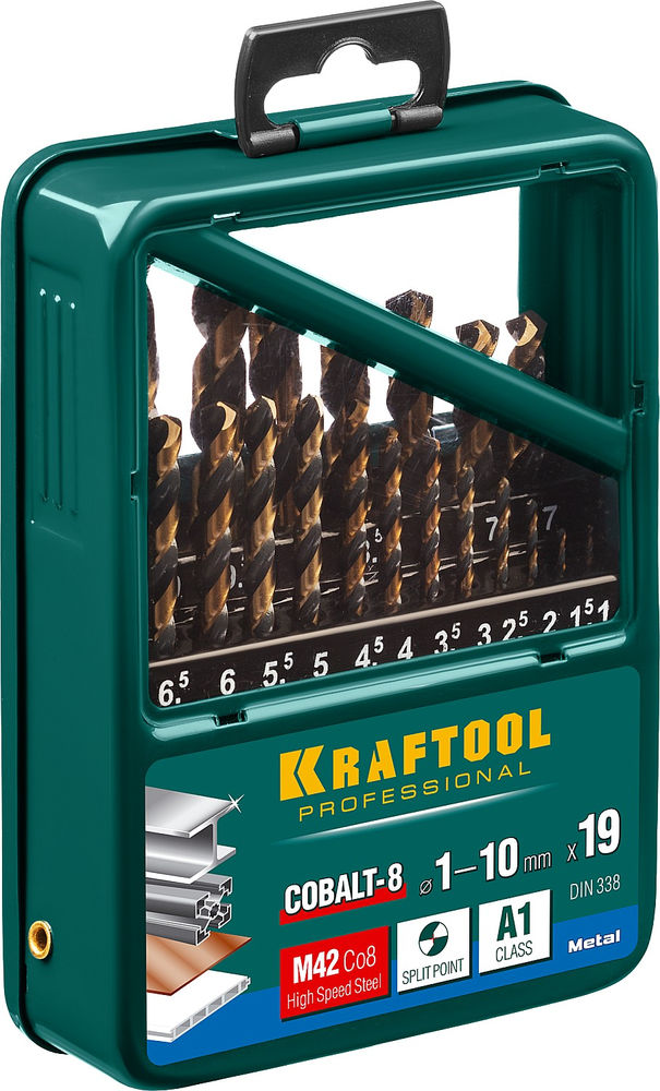 Набор сверл по металлу COBALT-8, 19 шт, (1–10 мм), сталь М42, HSS-Co(8%) KRAFTOOL 29656-H19