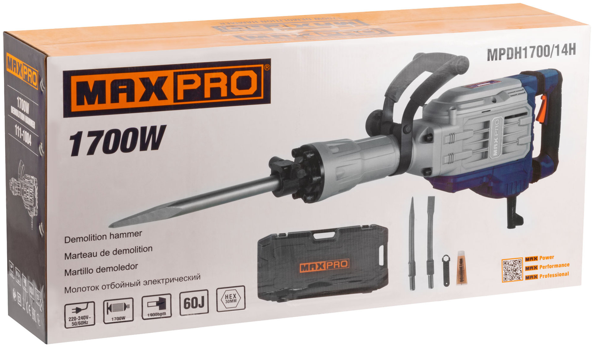 Молоток отбойный электрический, 1700 Вт, 1900 уд/мин, 60 Дж, 30 мм HEX, 14 кг, резиновый кабель, дополнительные щетки, кейс, MAX-PRO, 85107