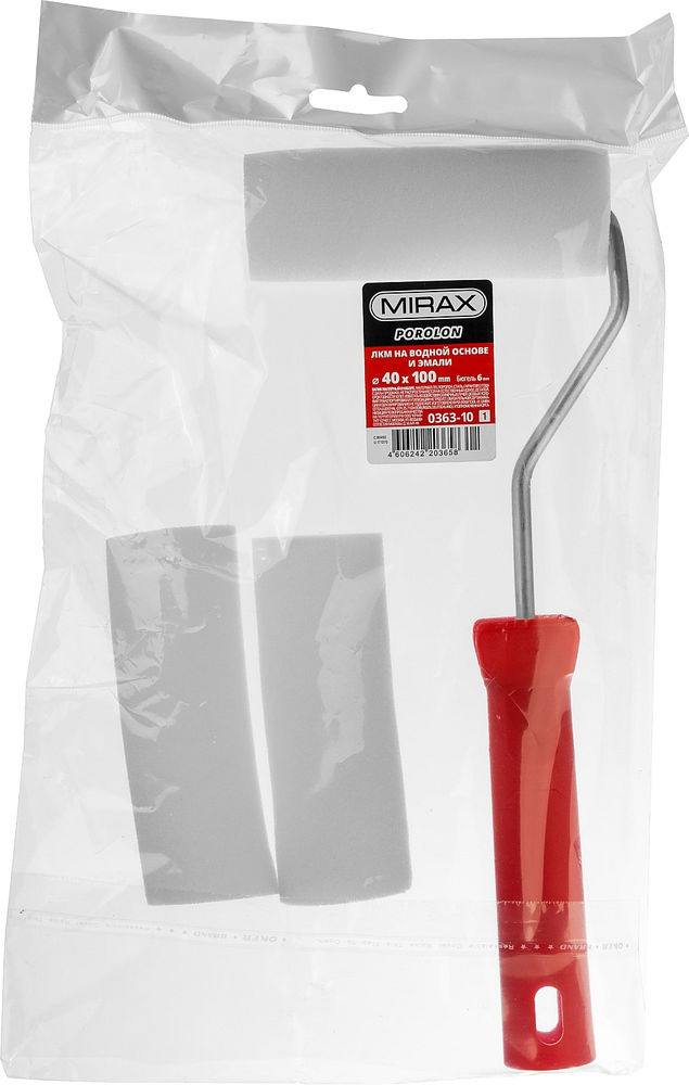 Малярный валик в наборе ПОРОЛОН, 40 х 100 мм, бюгель 6 мм, 3 шубки + ручка, для водорастворимых ЛКМ MIRAX 0363-10_z01