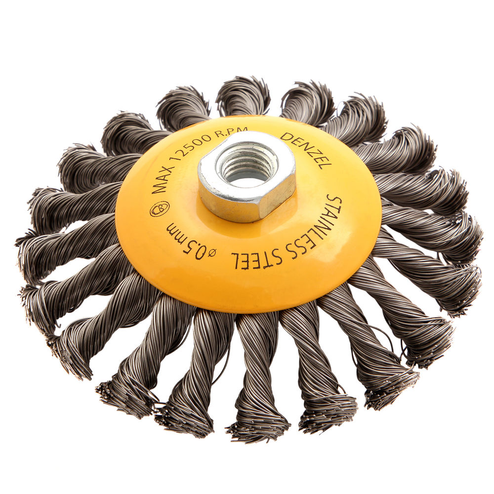 Щетка для УШМ, 125 мм, Тарелка, крученая нержавеющая проволока 0.5 мм, М14 Denzel (746113)