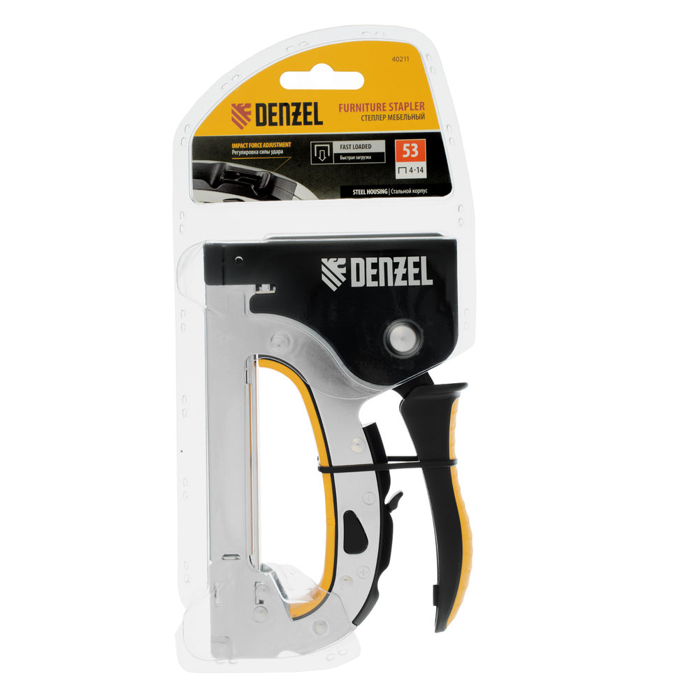 Степлер мебельный, стальной корпус, быстрая загрузка, регул. силы удара, тип 53, 4-14 мм Denzel (40211)