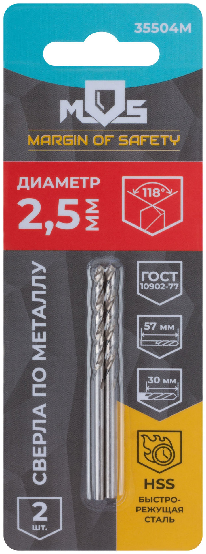 Сверла по металлу HSS в блистере, угол заточки 118°, 2,5 x 57 мм (2 шт.) (35504М)