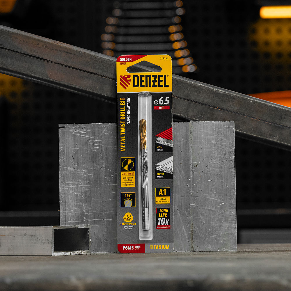 Сверло спиральное по металлу 6,5 x 100 мм, Р6М5, Golden Tip Denzel (718236)