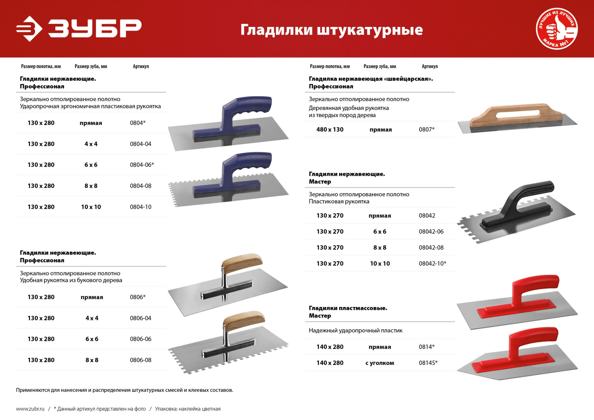 ЗУБР 130 х 280 мм, 6 х 6 мм, зубчатая, нержавеющая, штукатурная гладилка, Профессионал (0806-06_z01)