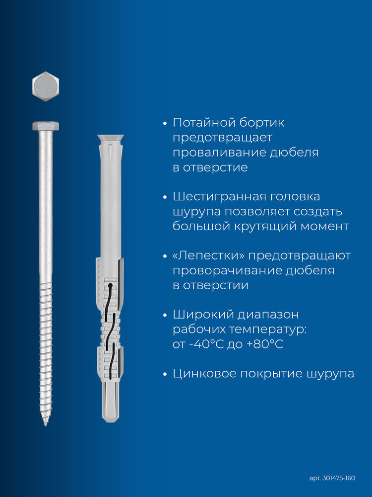 Дюбель фасадный ФД-П 10 x 160 мм, нейлон/цинк, 50 шт ЗУБР 301475-160