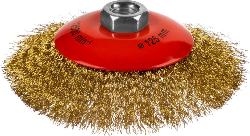 Коническая щетка-крацовка для УШМ 125 мм, витая стальная латунированная проволока 0.3 мм MIRAX 35143-125