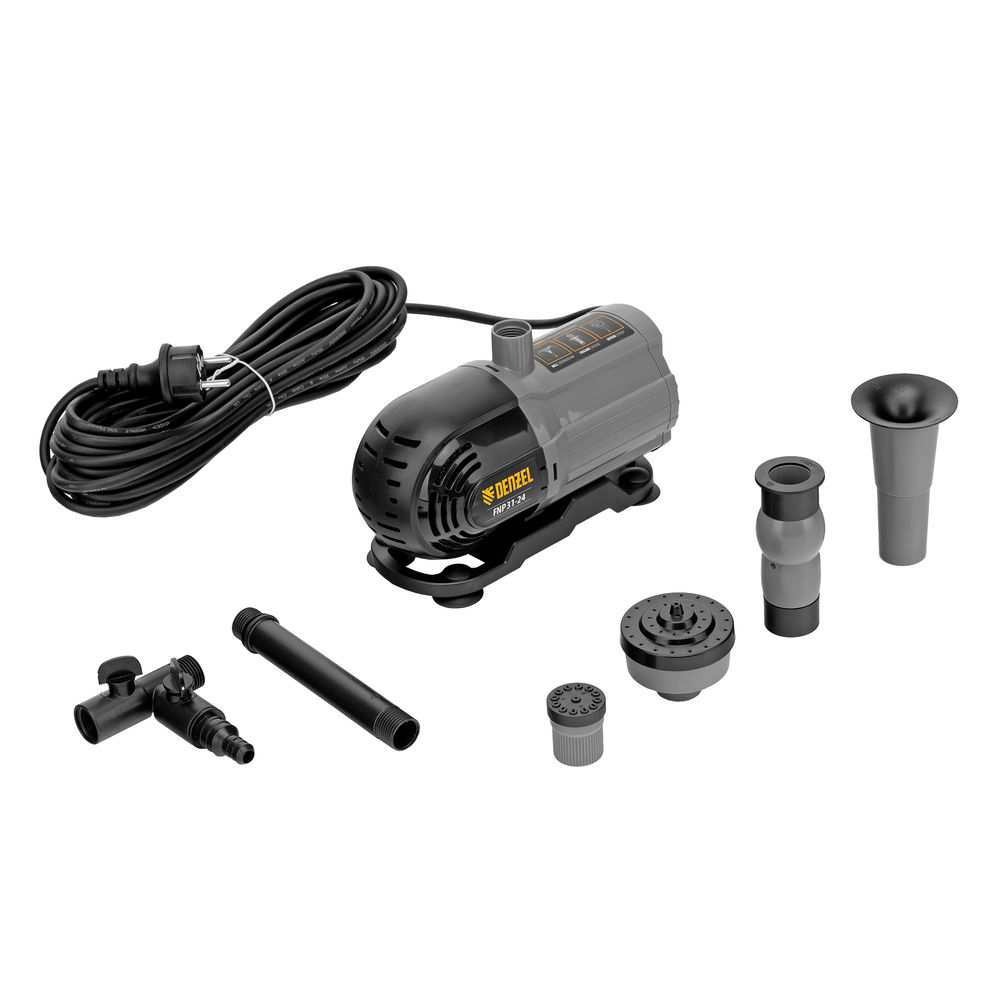 Насос фонтанный FNP31-24, 31 Вт, подъем 2,4 м, 1500 л/ч, колокольчик/2 каскада/гейзер Denzel (99031)