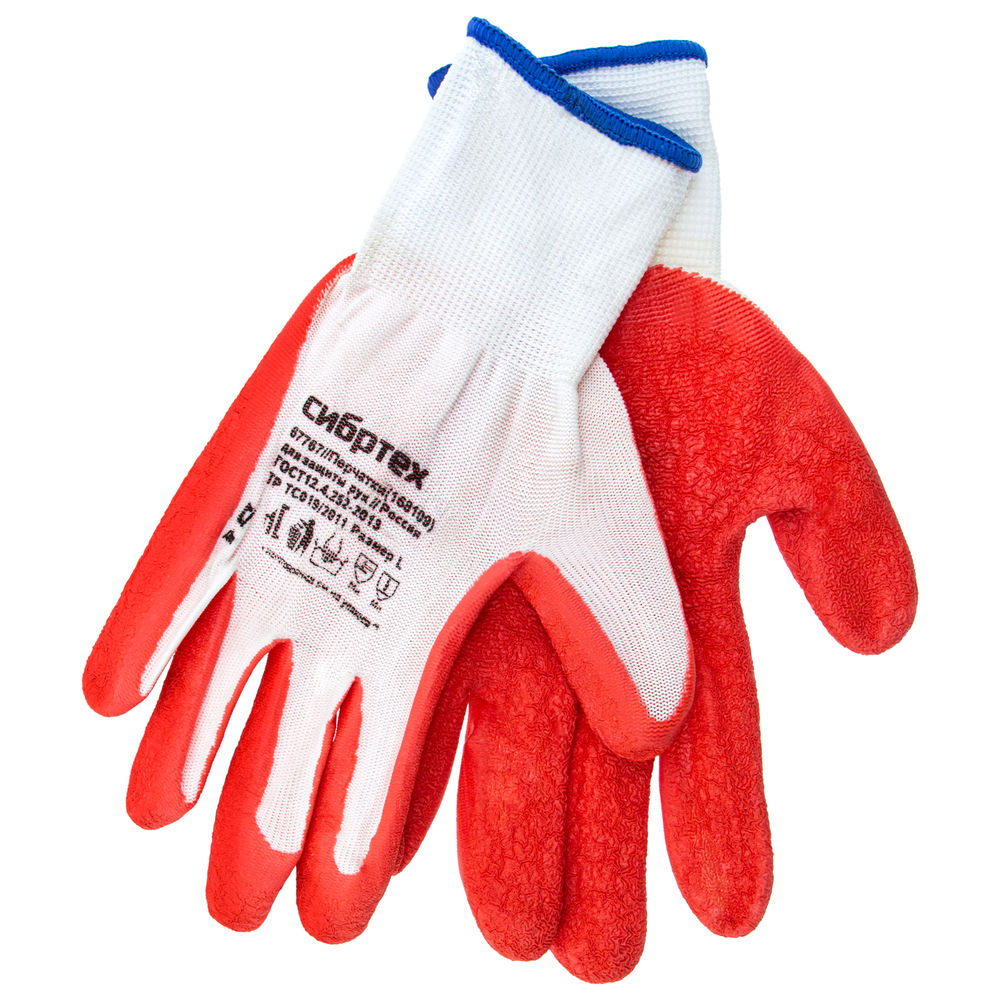 Перчатки трикотажные полиэфирные, латексное рельефное покрытие, Россия, Сибртех (67767)