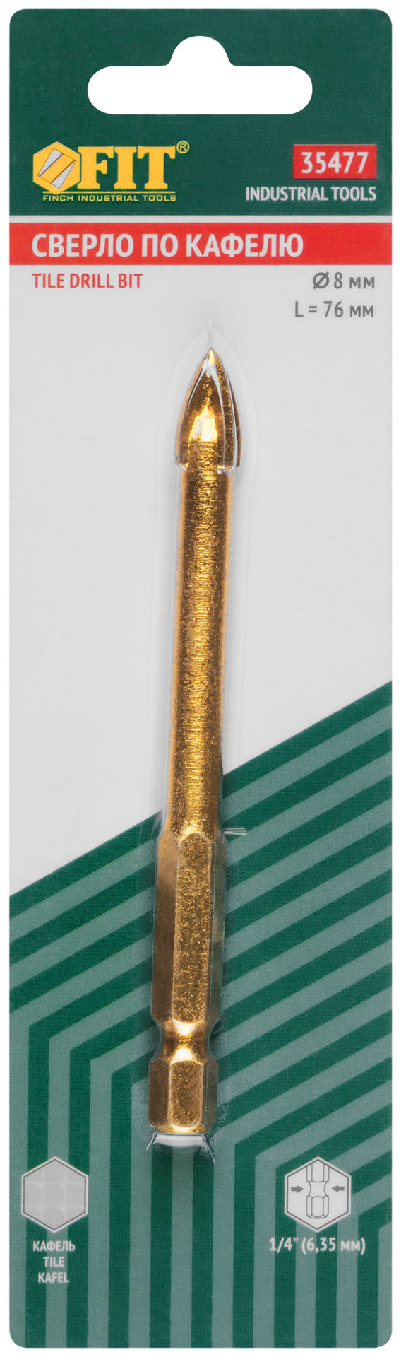 Сверло по кафелю, 4 режущие кромки, титановое покрытие, U-хвостовик под биту 8х76 мм (35477)