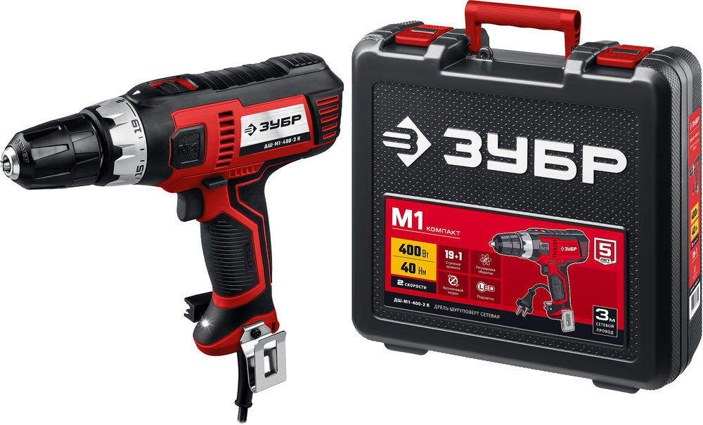 Дрель-шуруповерт сетевая 400 Вт 40 Н·м кейс ЗУБР ДШ-М1-400-2 К