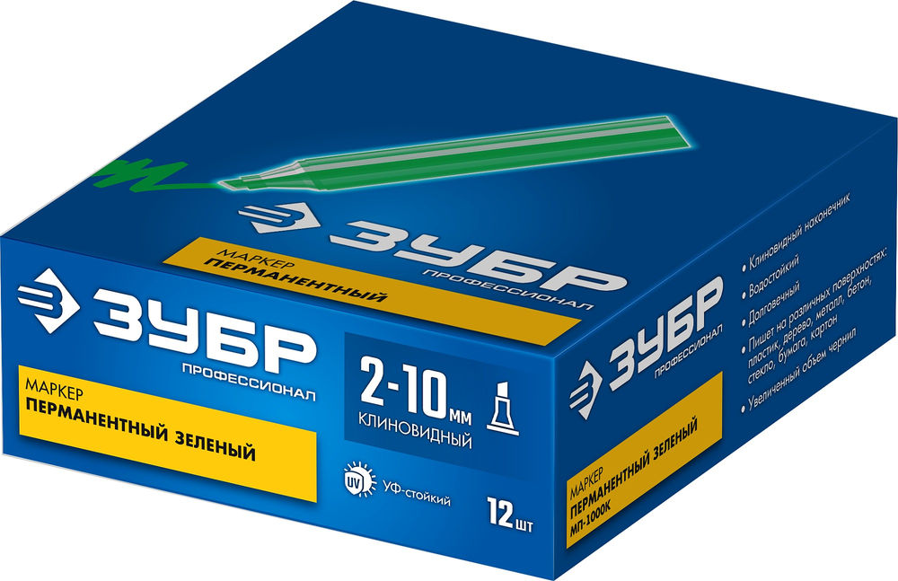 Перманентный маркер клиновидный МП-1000К зеленый, 2-10 мм ЗУБР 06333-4