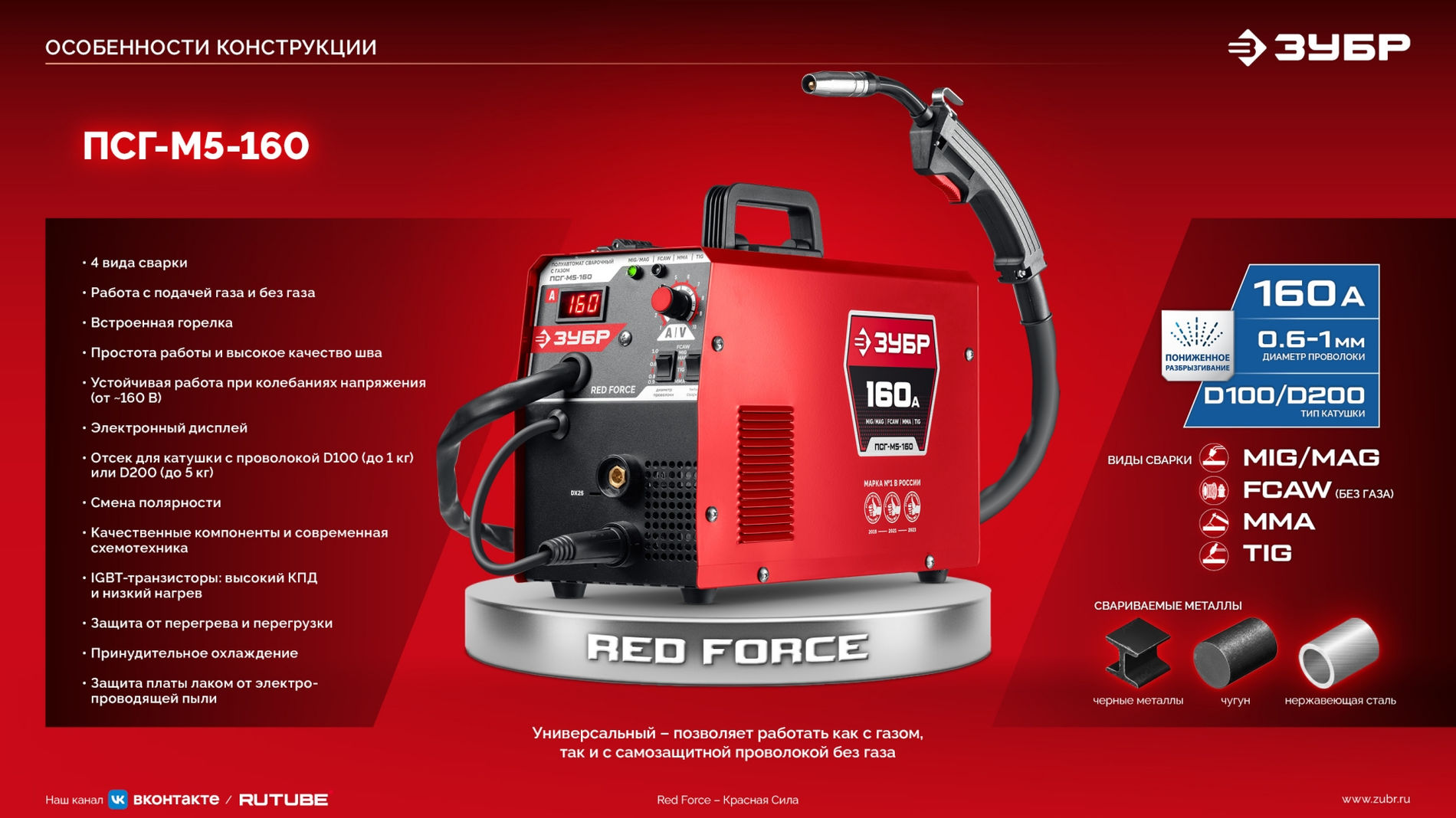 ЗУБР RED FORCE, MIG / MAG, FCAW, MMA, TIG, 160 А, полуавтомат сварочный, с газом / без газа, горелка ПСГ-180 (ПСГ-М5-160)