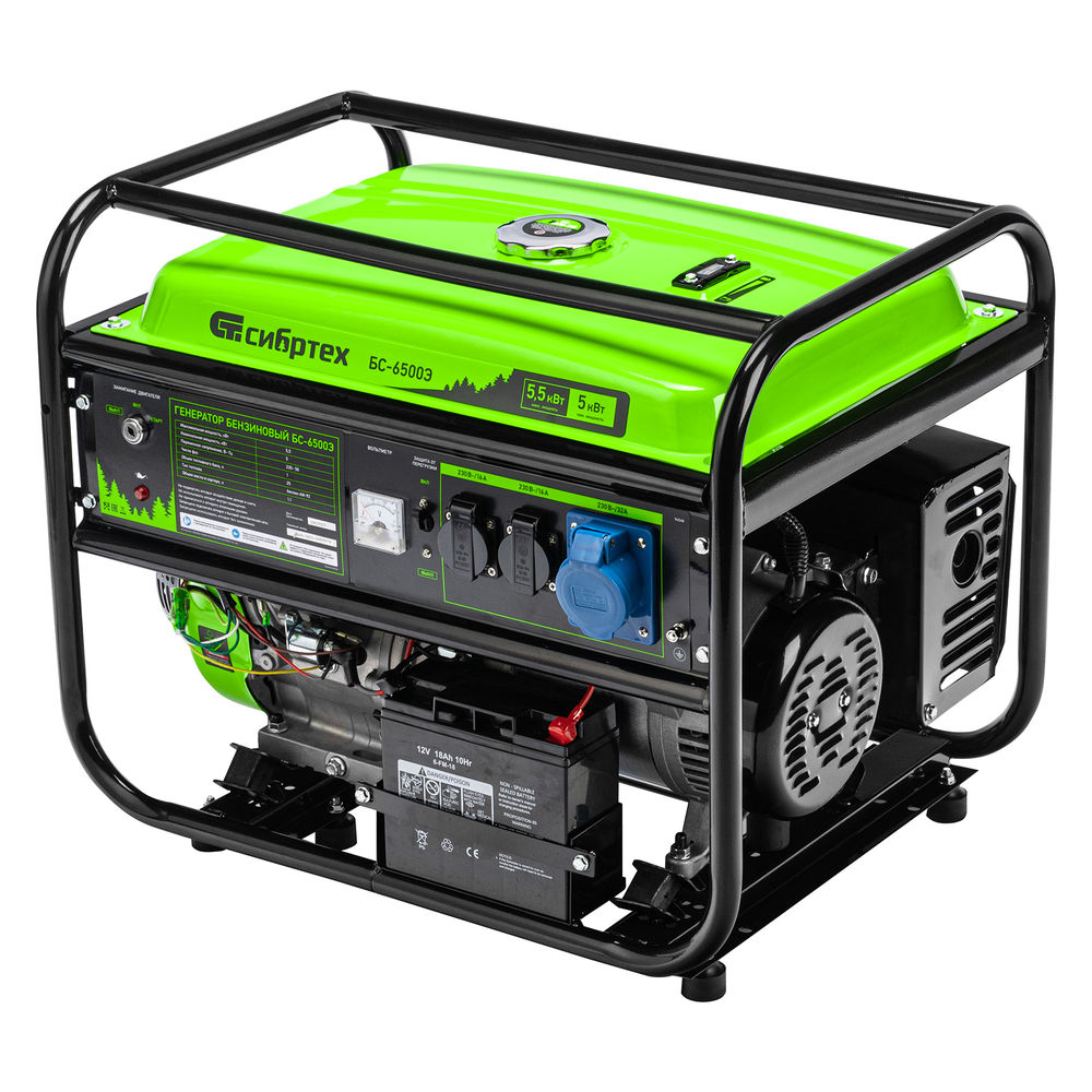 Генератор бензиновый БС-6500Э, 5.5 кВт, 230В, четырехтактный, 25 л, электростартер Сибртех (94548)