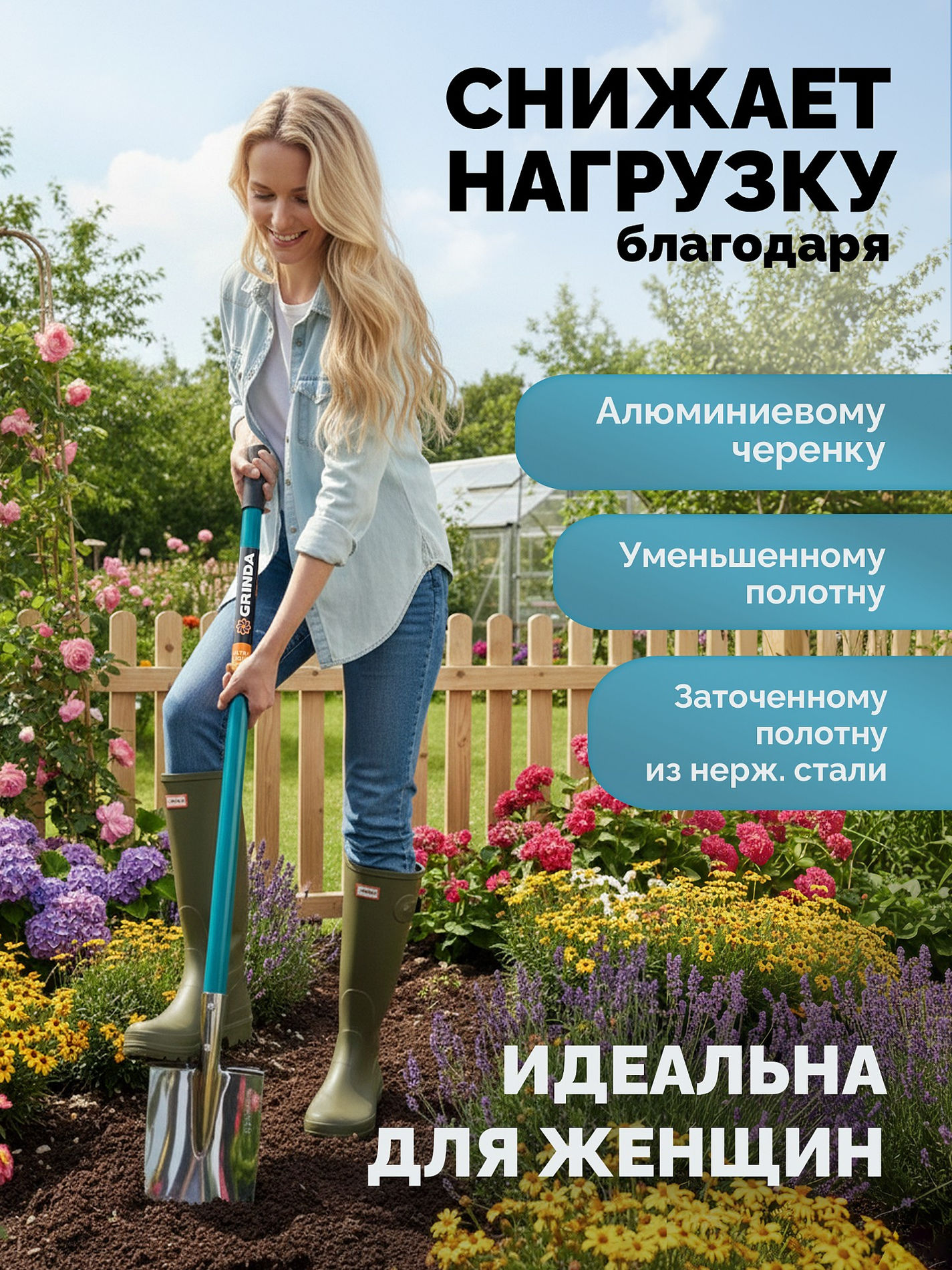 GRINDA WS-3 Лопата дамская штыковая прямоугольная, 200х170х1200мм, алюминиевый черенок, PROLine (421828)