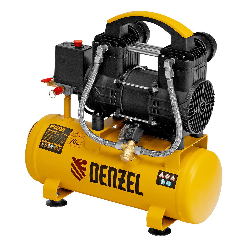 Компрессор безмасл. малошумный DLP-950/10, 950Вт,10 л, 2850 об/мин, 170 л/мин Denzel (58141)