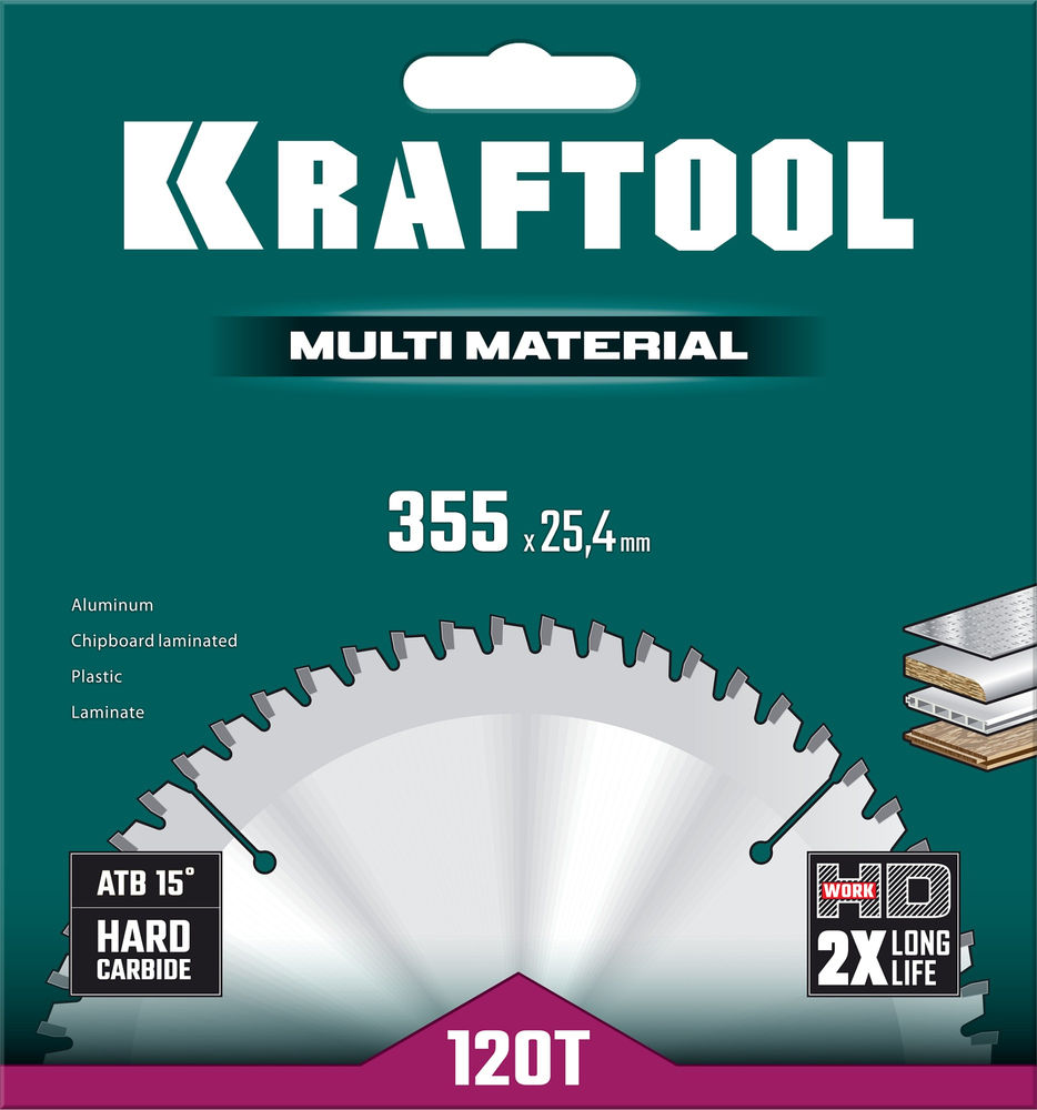 Пильный диск по алюминию Multi Material, 355 х 25.4 мм, 120Т KRAFTOOL 36953-355-25.4