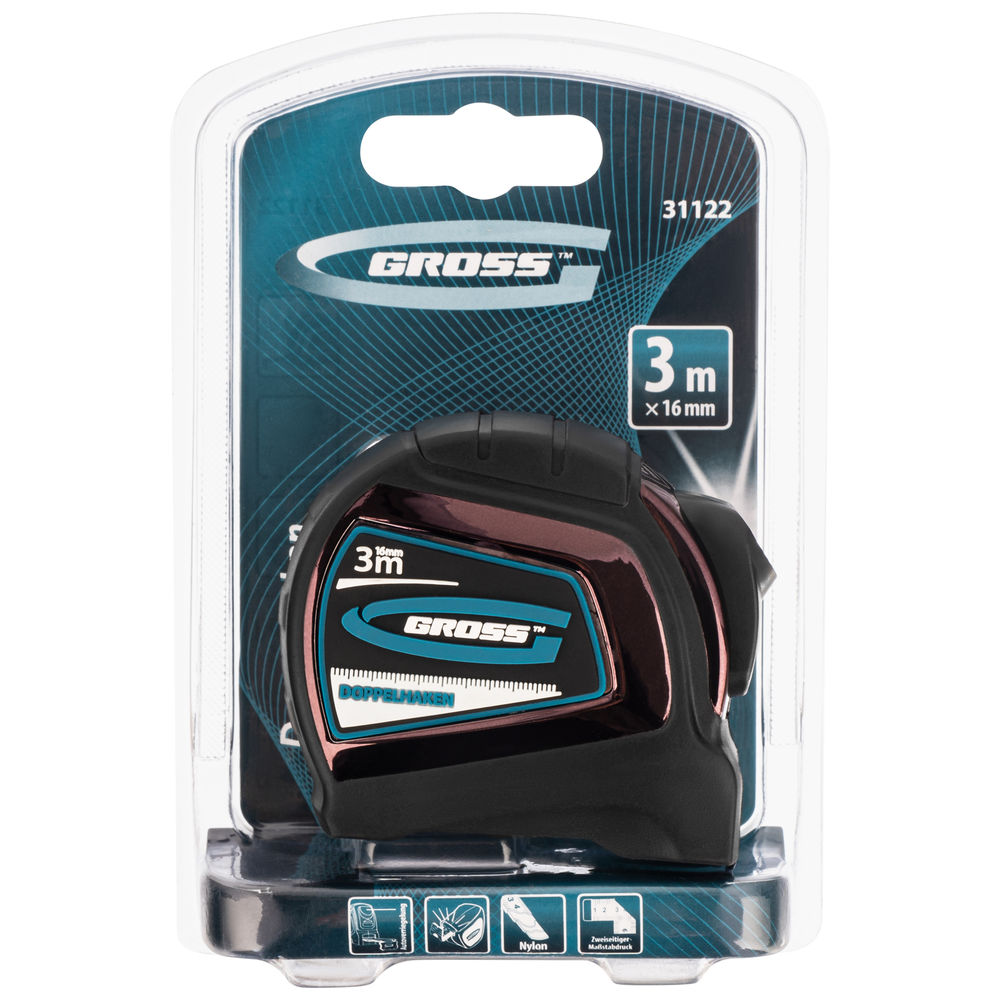 Рулетка Doppelhaken,3 м x 16 мм,односторонний зацеп,Нейлон,двусторонняя шкала,автоматическая фиксация Gross