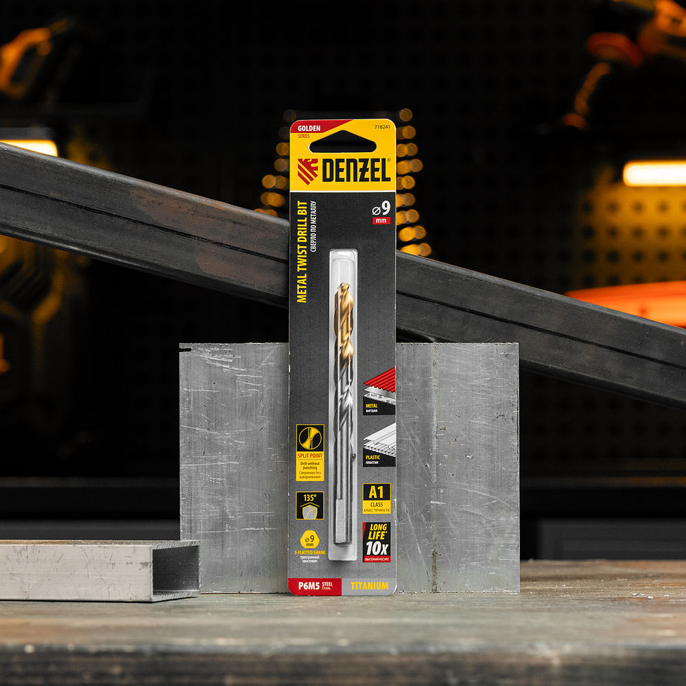 Сверло спиральное по металлу 9 x 125 мм, Р6М5, Golden Tip Denzel (718241)