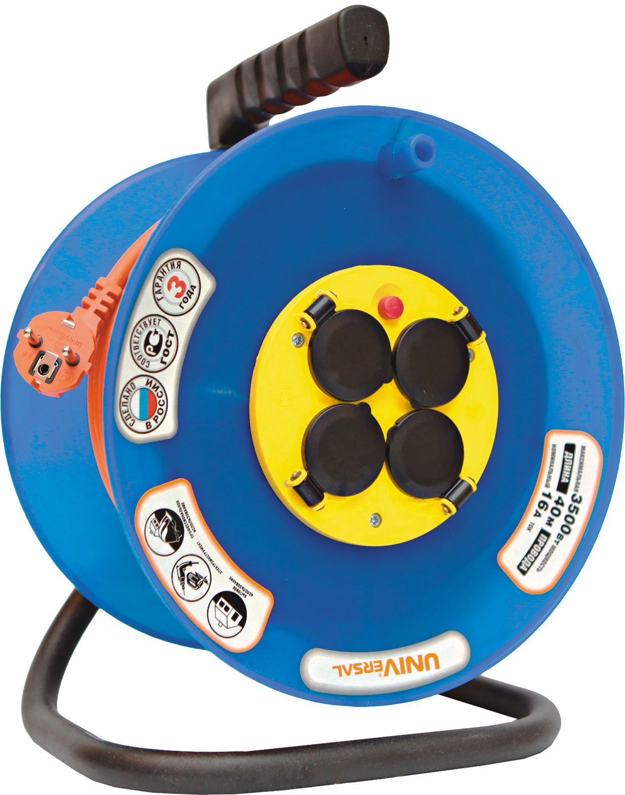 Удлинитель силовой на катушке 4 гнезда с заземл.UNIVERSAL, IP-44, ПВС (3x1,5 мм) 16 А, 3500 Вт, 30 м (83283)