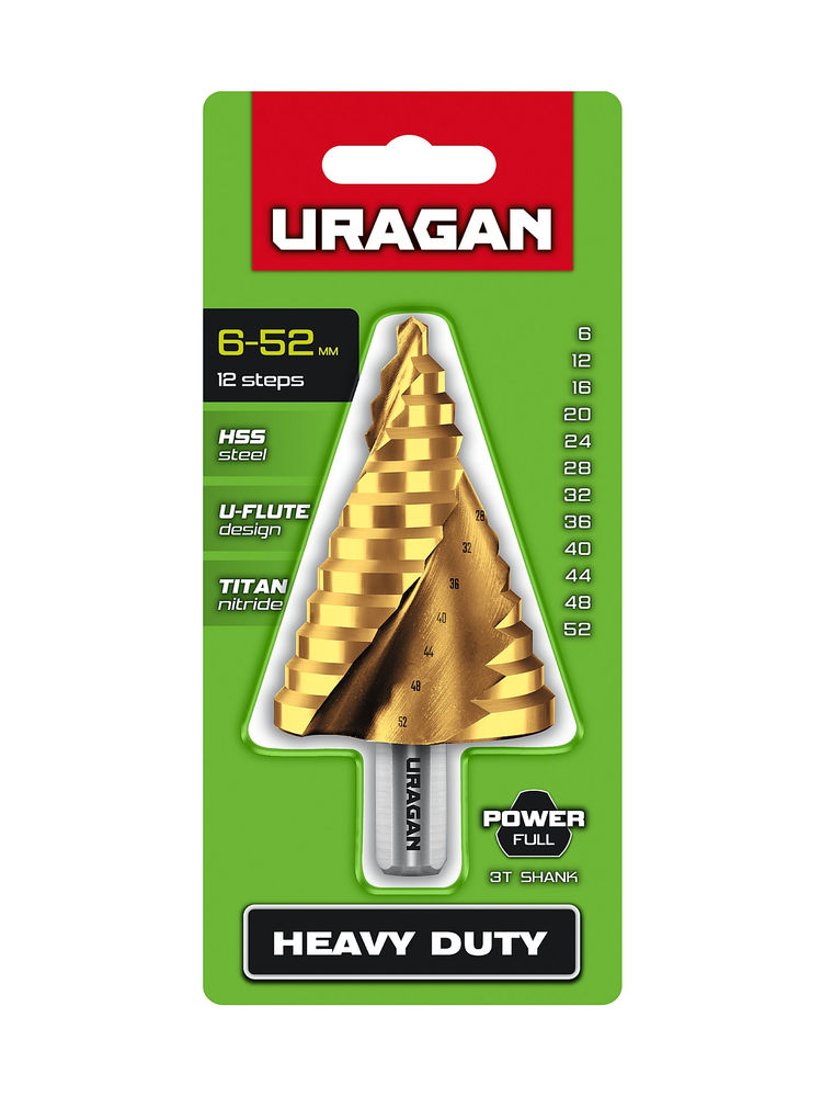 Сверло ступенчатое винтовая спираль URAGAN 6-52мм 12 ступеней 29658-6-52-12  