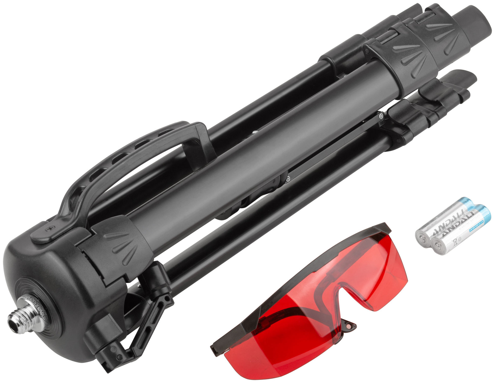 Уровень лазерный самоуспокаивающийся, красные лучи, крест, диапазон 10 м, тренога, очки, пластиковый кейс (18665)