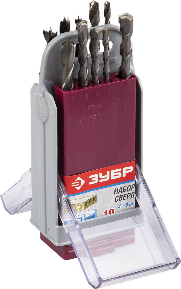 Набор комбинированных сверл 10 шт, 4–8 мм, в супер боксе ЗУБР 4-29704-H10-SB