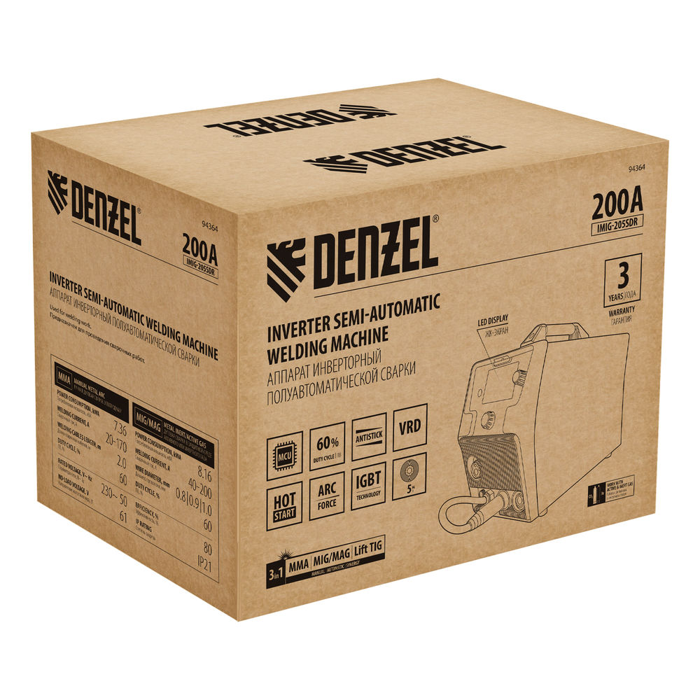 Аппарат инвертор. полуавтомат. cварки IMIG-205SDR, 200 А, ПВ 60%, катушка 5 кг Denzel (94364)