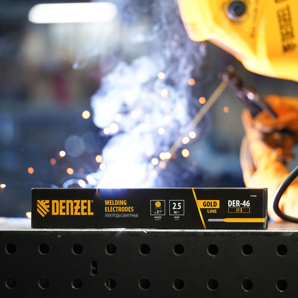 Электроды DER-46 Goldline, диам. 3 мм, 2,5 кг, рутил-целлюлозное покрытие Denzel (97506)