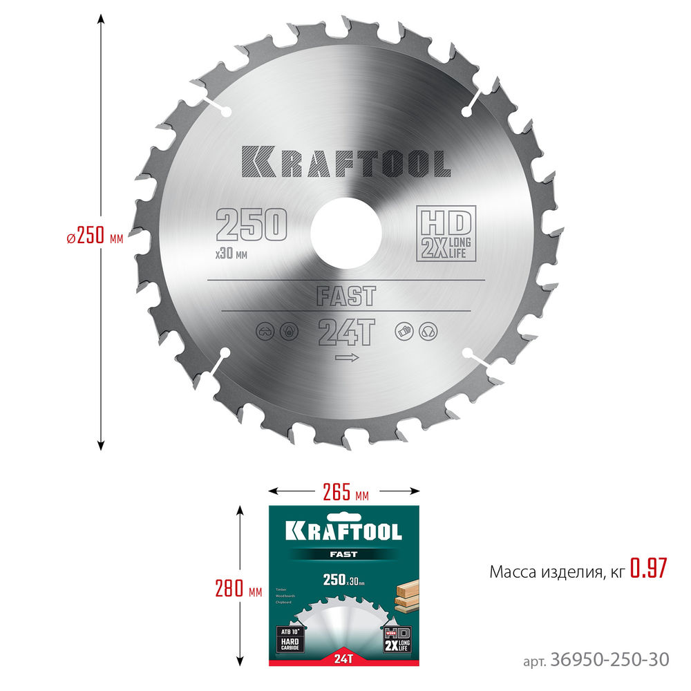 Пильный диск по дереву Fast, 250 х 30 мм, 24Т KRAFTOOL 36950-250-30