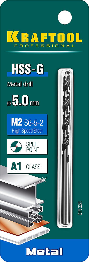 Сверло по металлу 5.0 х 86 мм сталь P6M5 HSS-G KRAFTOOL 29651-5