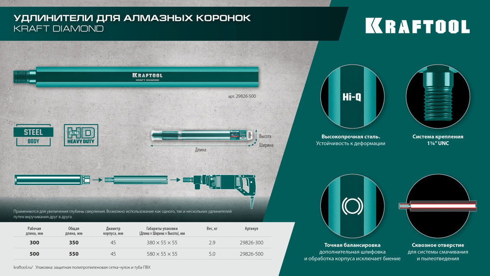 Удлинитель для алмазных коронок L300 мм, стальной, посадка 1 1/4 KRAFTOOL 29826-300