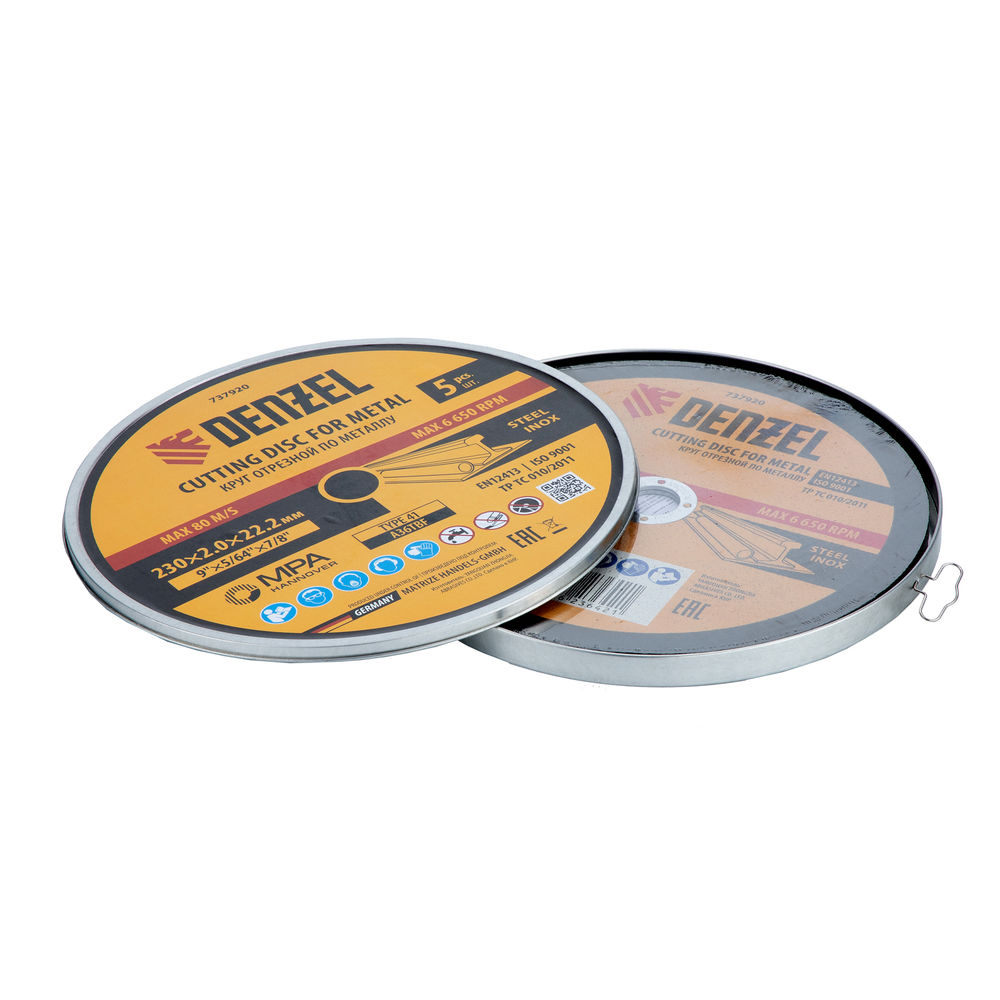 Круг отрезной по металлу, 230 х 2,0 х 22,2 мм, A36TBF, в метал.банке, 5 шт. Denzel (737920)