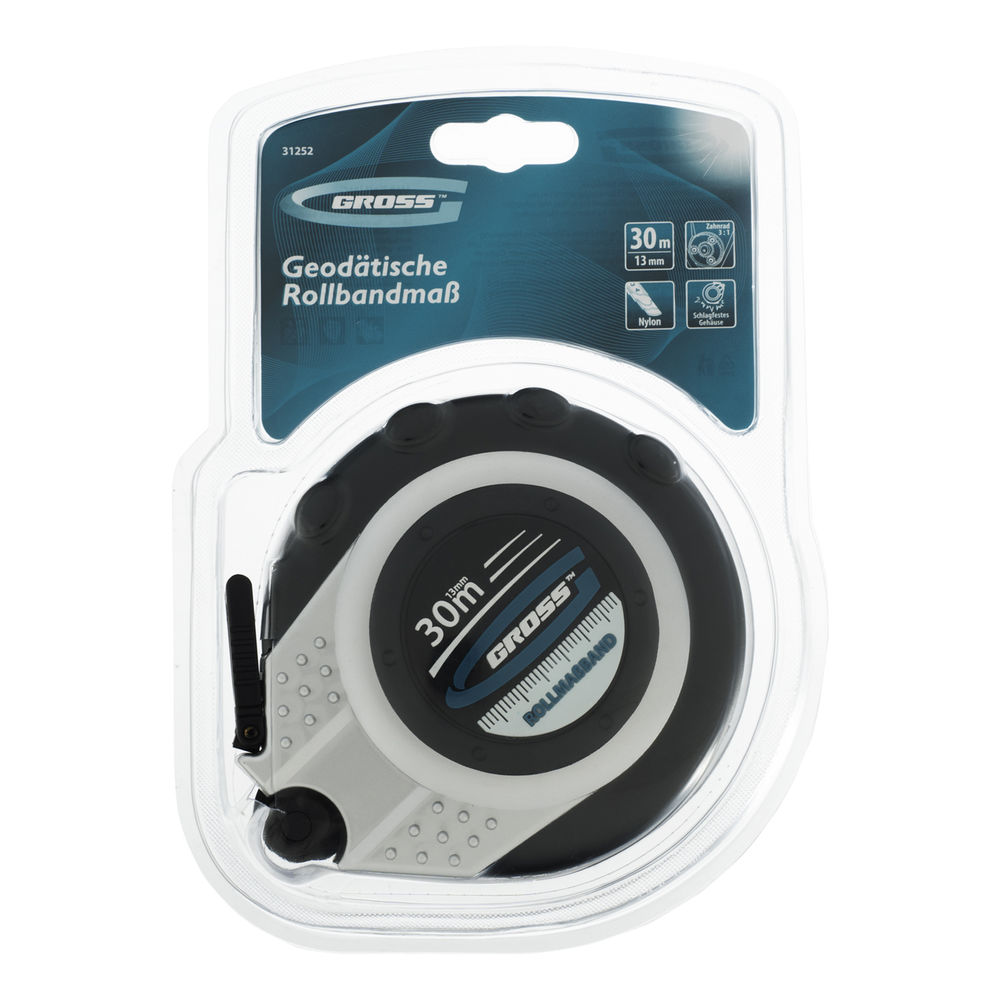 Рулетка геодезическая 30 м х 13 мм, закрытый корпус, металлическая лента, нейлон Gross
