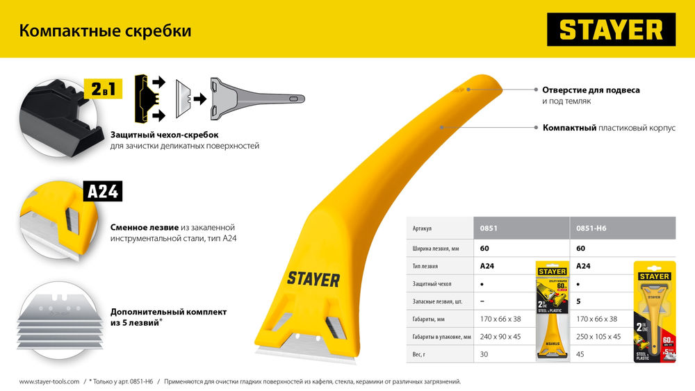 Скребок компактный 60 мм, 5 доп. лезвий STAYER 0851-H6