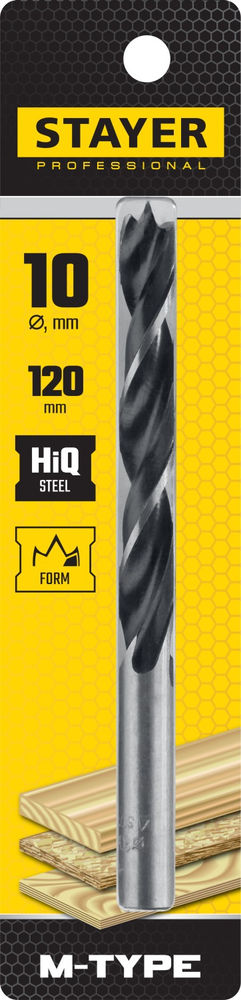 Сверло спиральное по дереву 10.0 x 120/75 мм, М-образная заточка M-type STAYER 2942-120-10