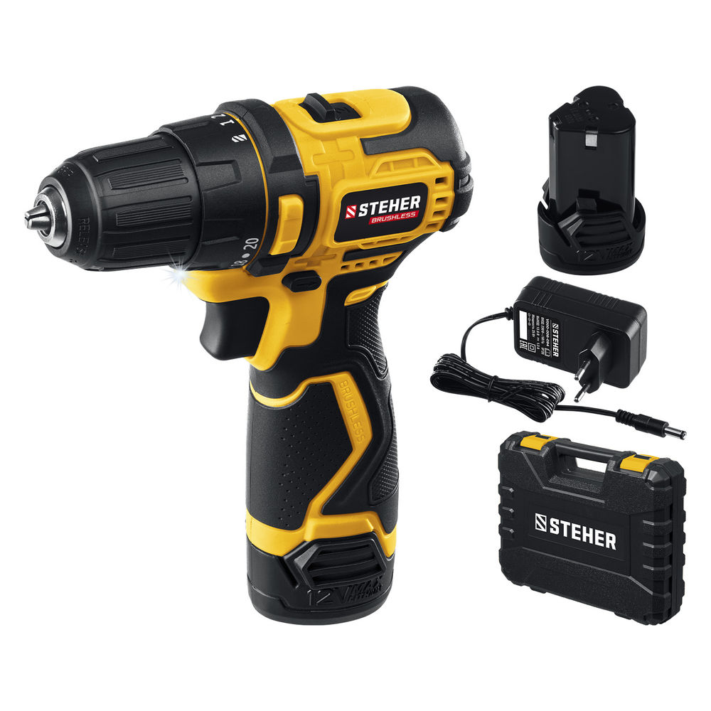 Дрель-шуруповерт бесщеточная 12 В, 35 Н·м, 2 АКБ (2 А·ч), кейс STEHER CDB-120-2