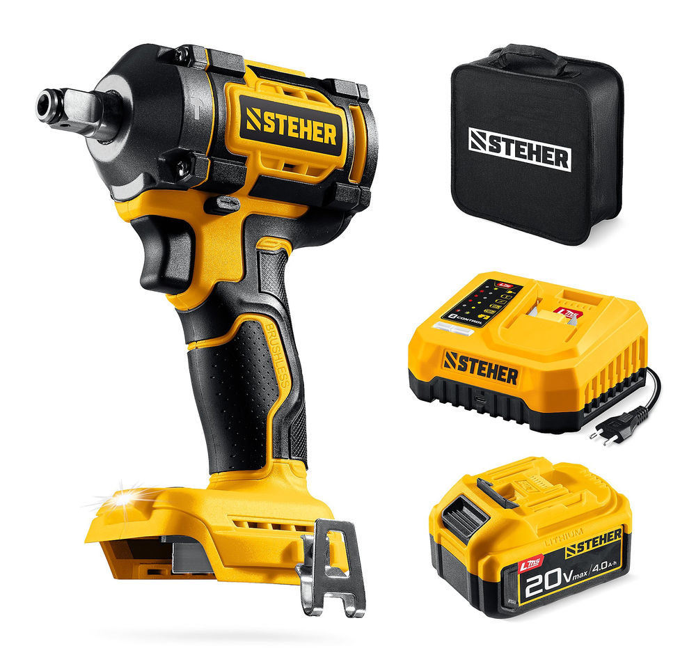 Гайковерт ударный бесщеточный 20 В, 350 Н·м, 1 АКБ LMS (4 А·ч), сумка STEHER CWB-350-41