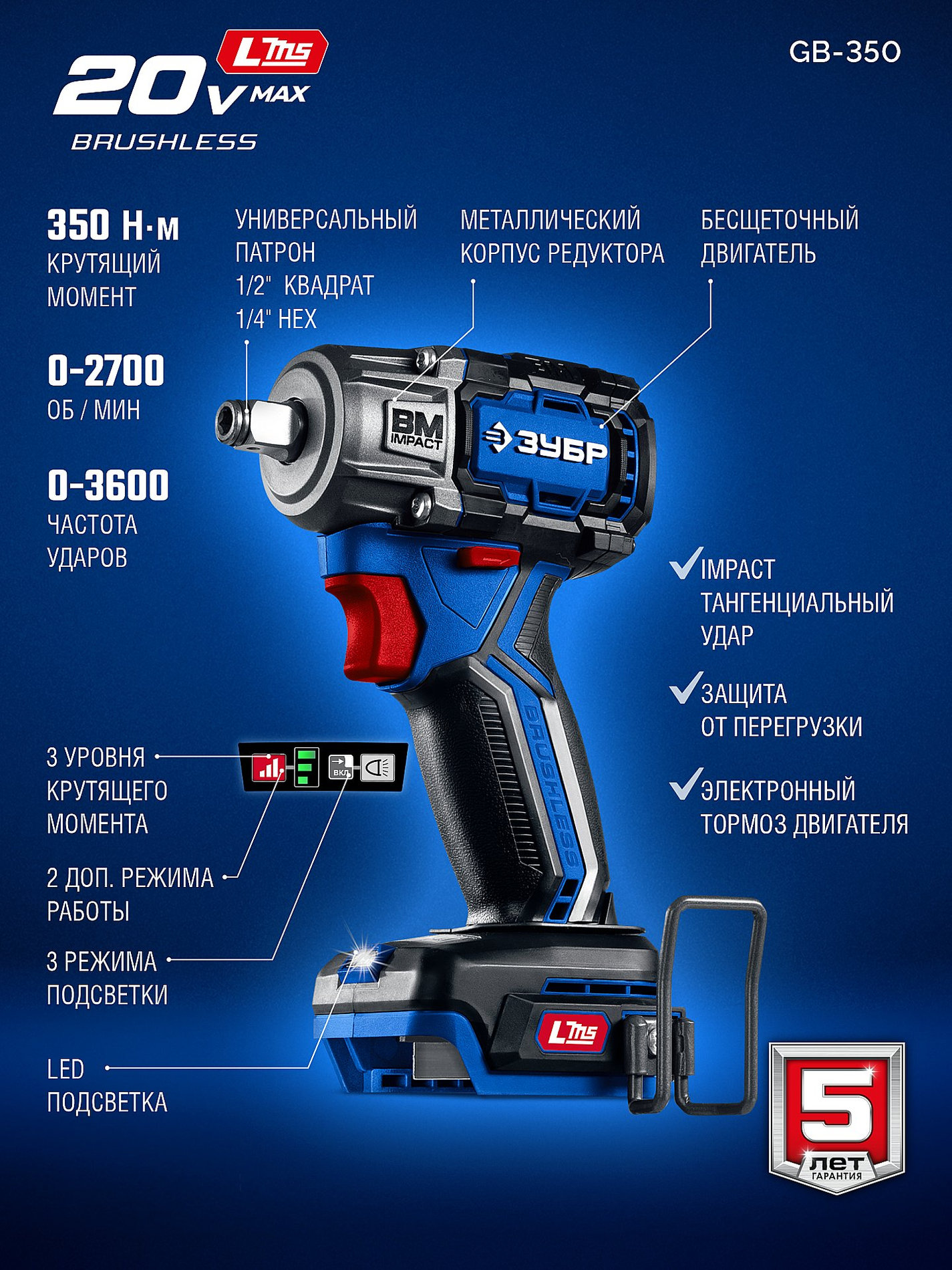 ЗУБР 20 В, 350 Н·м, без АКБ (LMS), бесщеточный ударный гайковерт, ПРОФЕССИОНАЛ (GB-350)