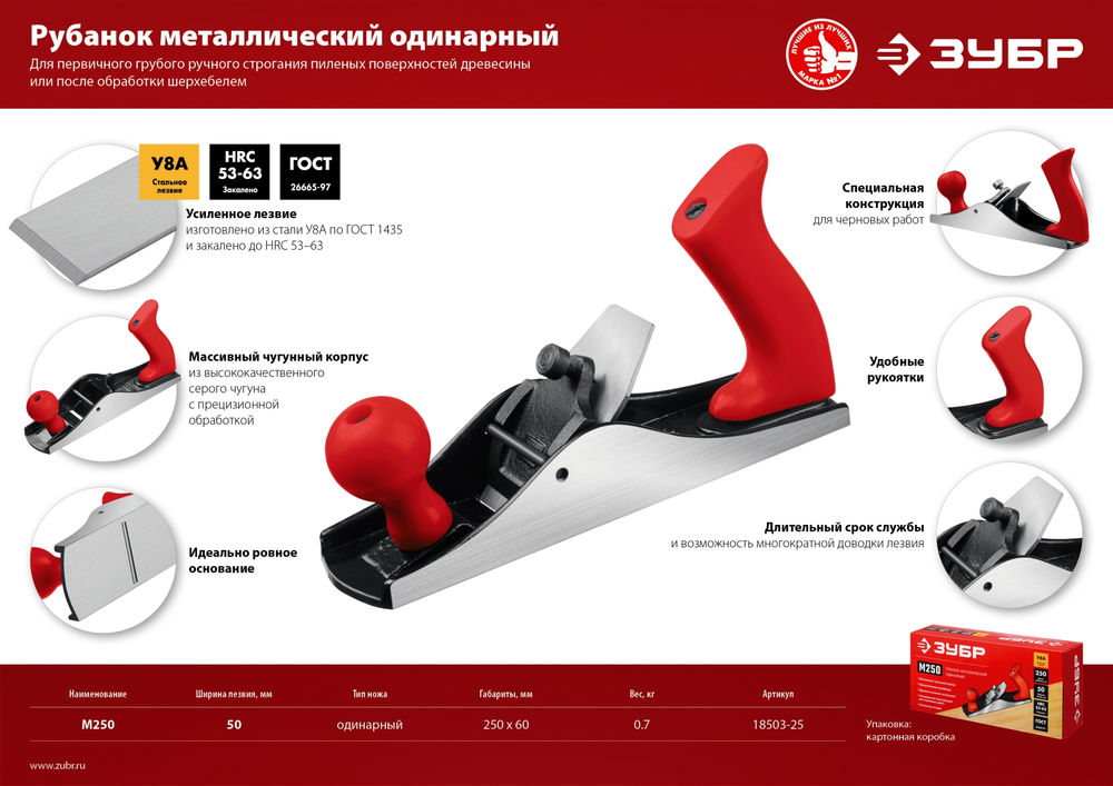 Металлический рубанок М250, 250 х 60 мм ЗУБР 18503-25_z02