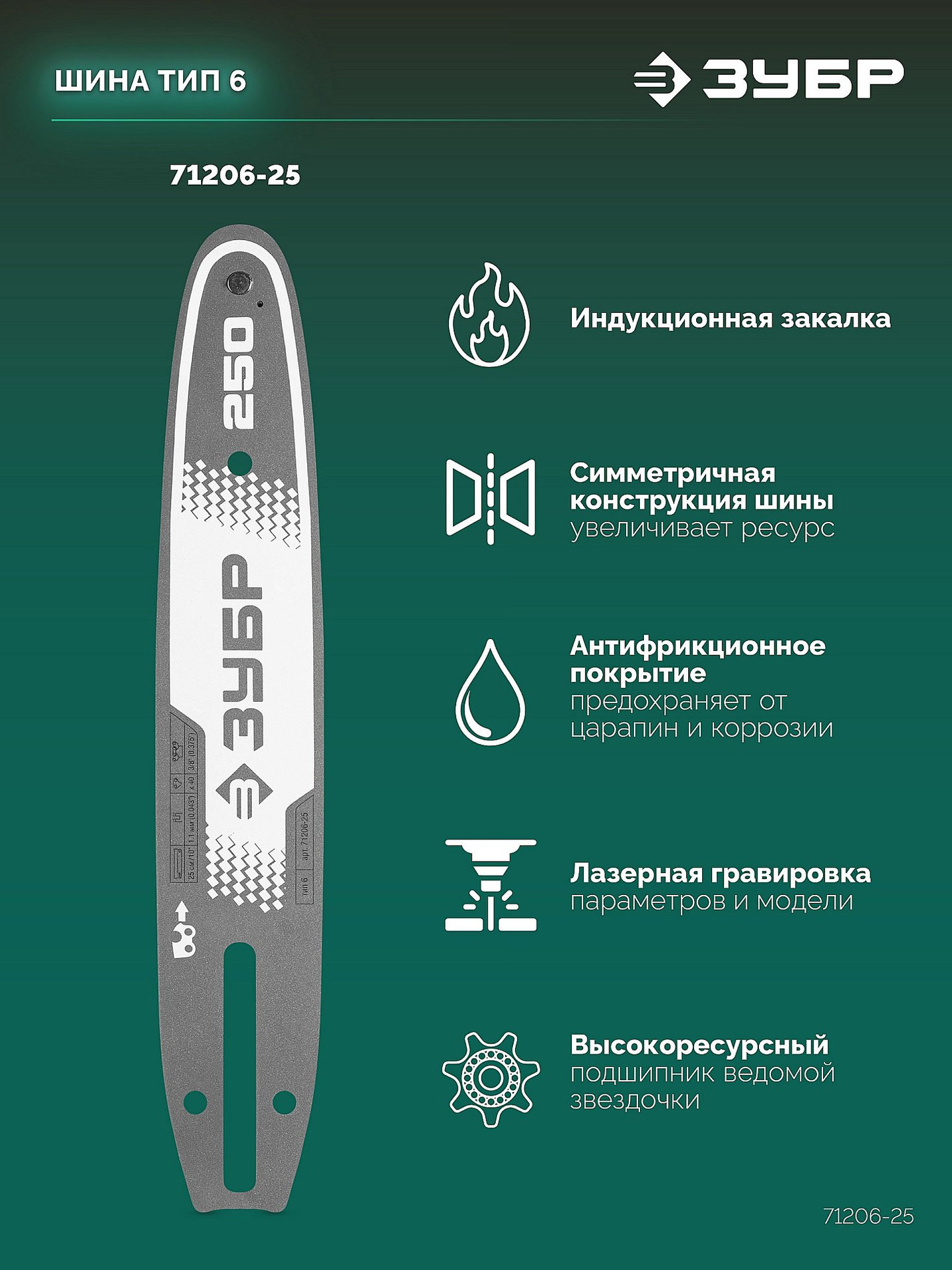 ЗУБР тип 6, 25 см, шаг 3/8?, паз 1.1 мм, 40 звеньев, шина (71206-25)