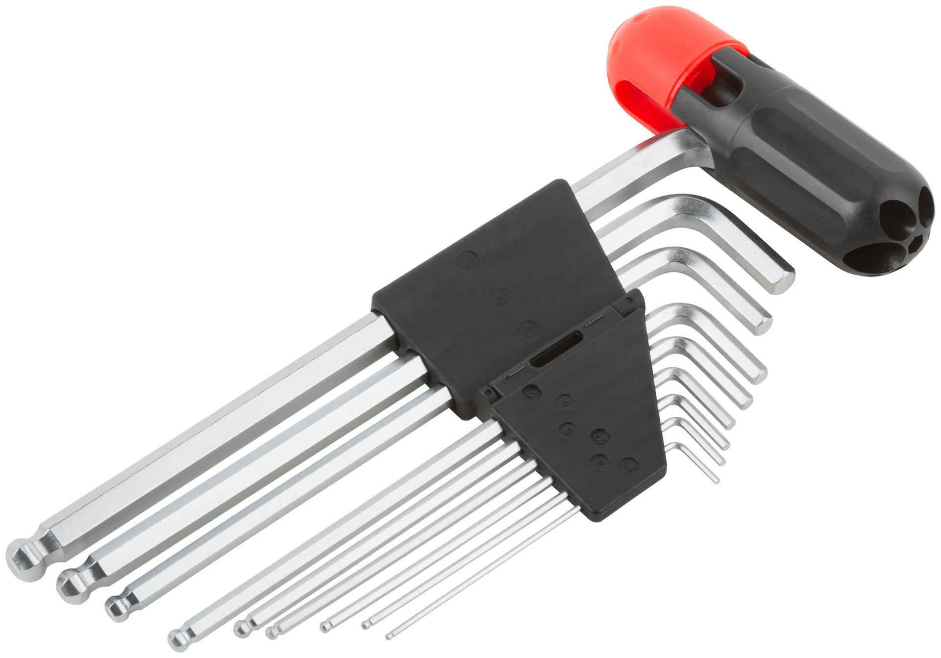 Ключи шестигранные HEX длинные c шаром CrV 9 шт.(1,5-10 мм ), пластиковая Т-обр.ручка