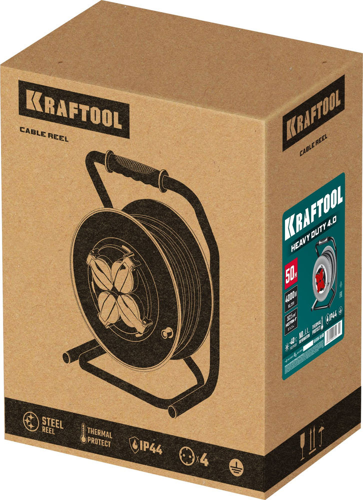 Силовой удлинитель на стальной катушке КГ 3х2.5 50м 4000Вт IP44, HEAVY DUTY KRAFTOOL 55086-50_z01