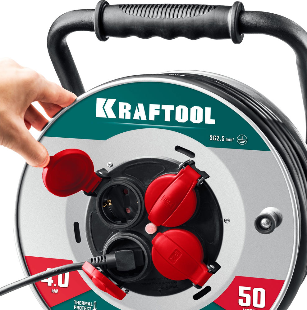 Силовой удлинитель на стальной катушке КГ 3х2.5 50м 4000Вт IP44, HEAVY DUTY KRAFTOOL 55086-50_z01